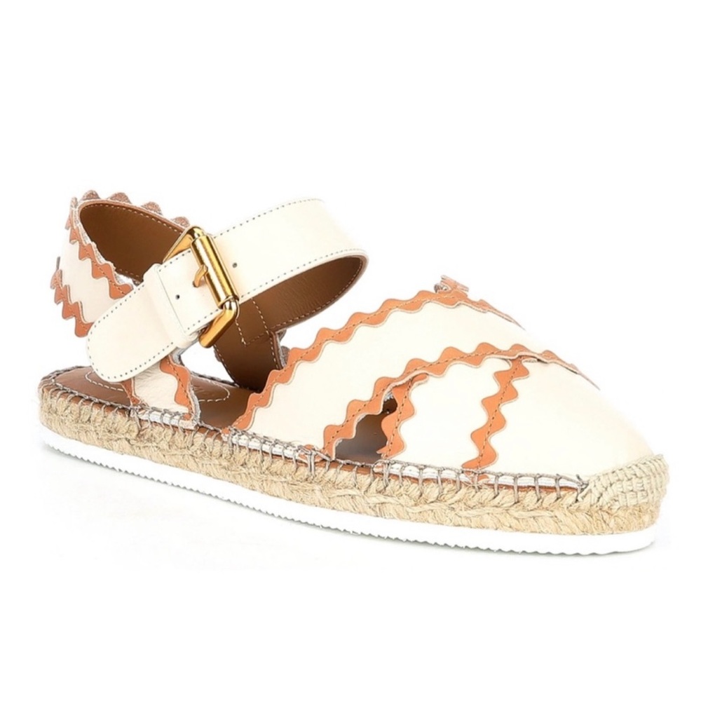 See By Chloe Glyn Leather Ric Rac Espadrille Flat Sandals Size 37 Beige Tan